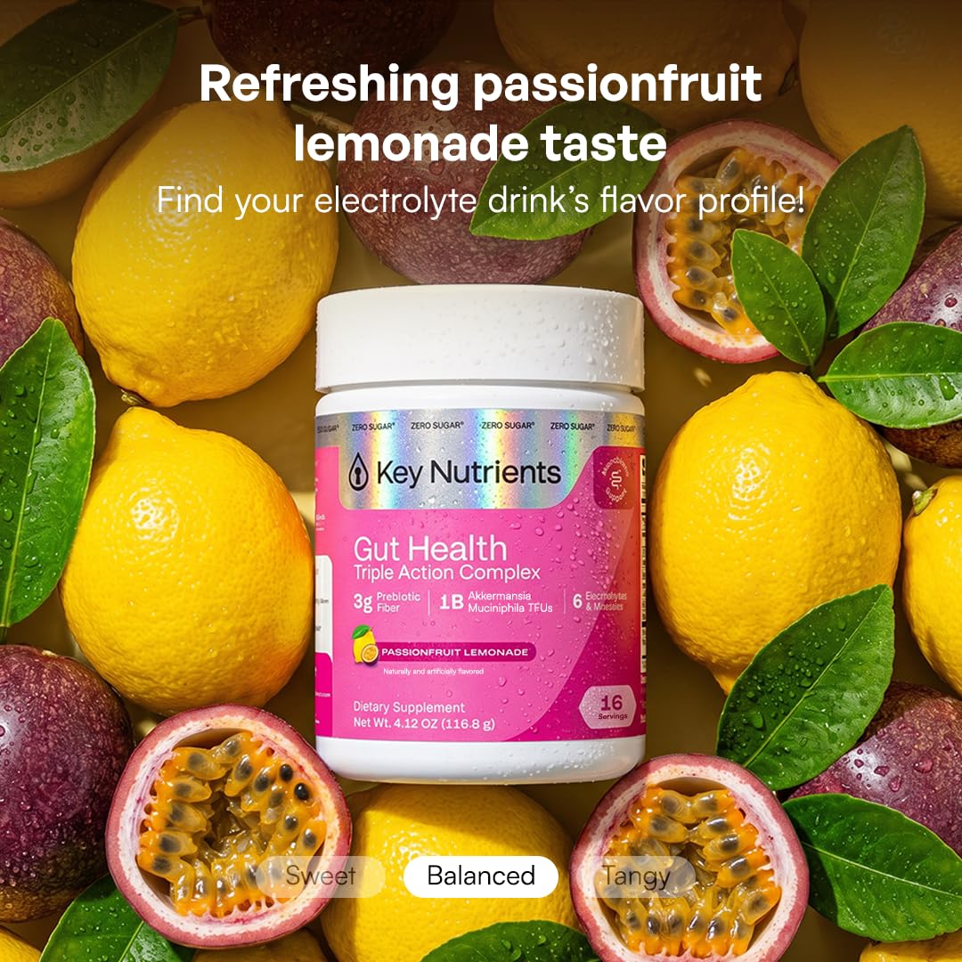KEY NUTRIENTS Gut Health Hydration – Passionfruit Lemonade, Fiber Supplement with 3g Prebiotic Fiber & Akkermansia Probiotics for Women and Men - Maple Wellness Supplements