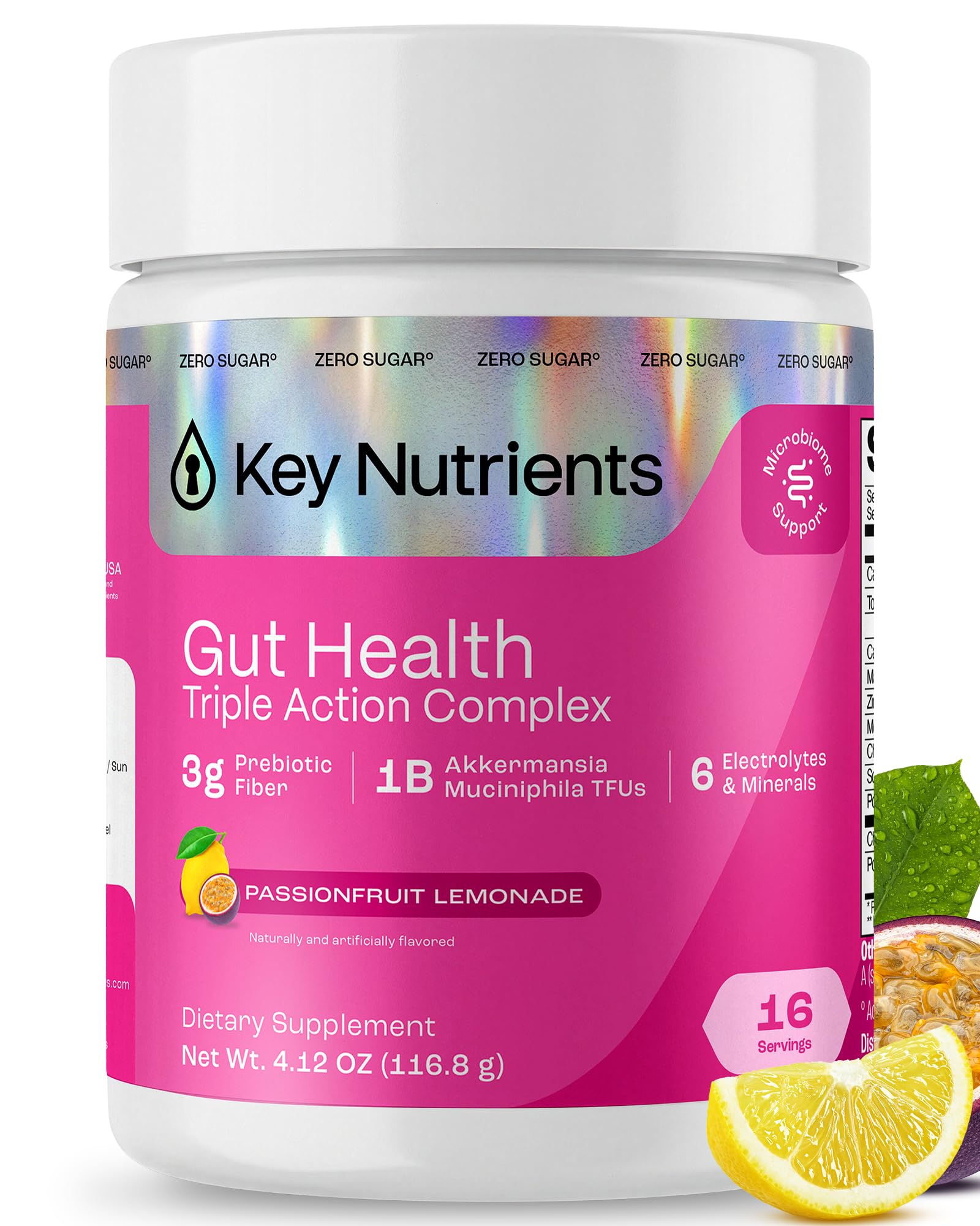 KEY NUTRIENTS Gut Health Hydration – Passionfruit Lemonade, Fiber Supplement with 3g Prebiotic Fiber & Akkermansia Probiotics for Women and Men - Maple Wellness Supplements