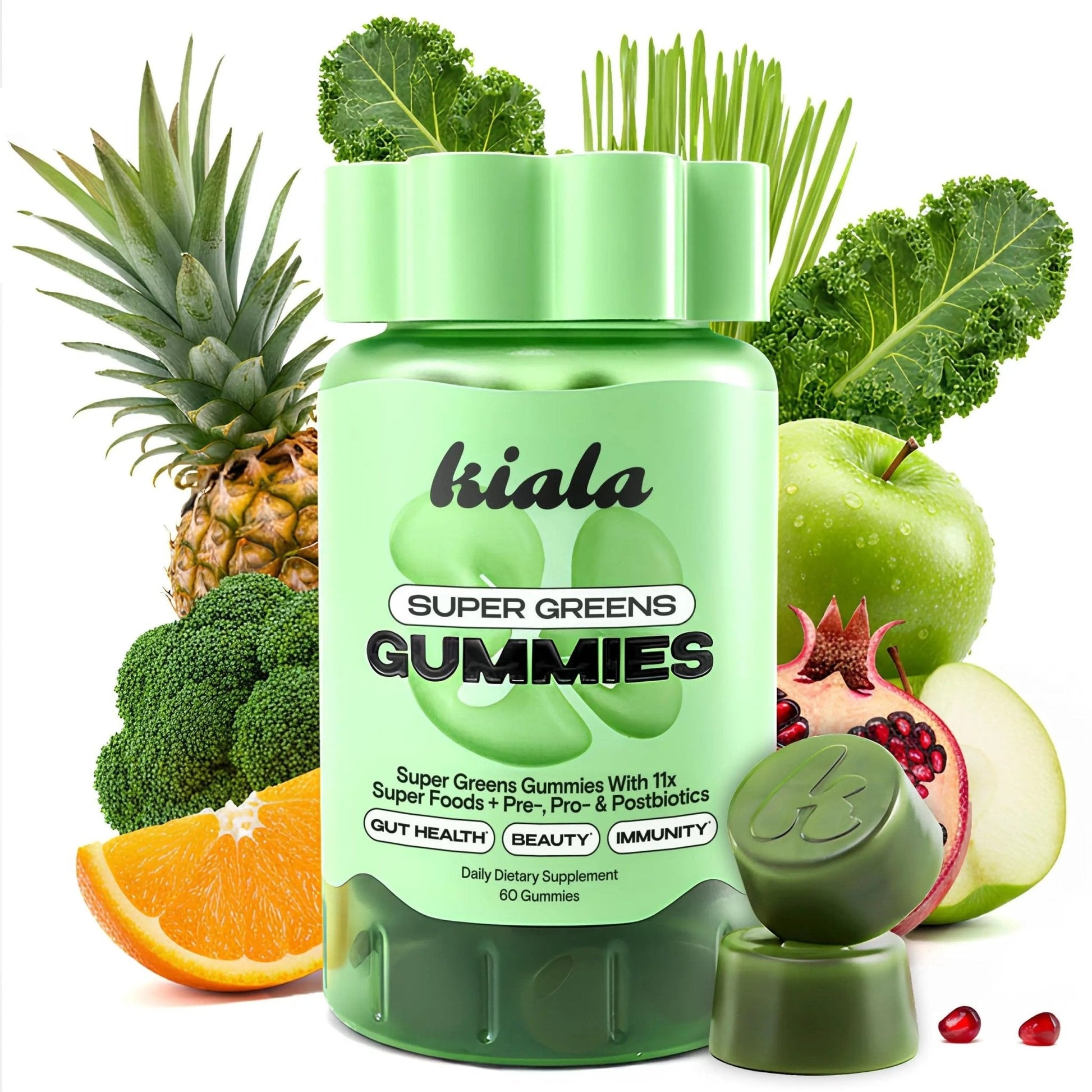 Kiala Nutrition Super Greens Gummies with 11x Organic Greens, Pre, Post & Probiotics, Antioxidants, Multivitamin, Fiber Supplement Supports Gut Health & Digestion, Dairy Free, Vegetarian, 60 Count - Maple Wellness Supplements