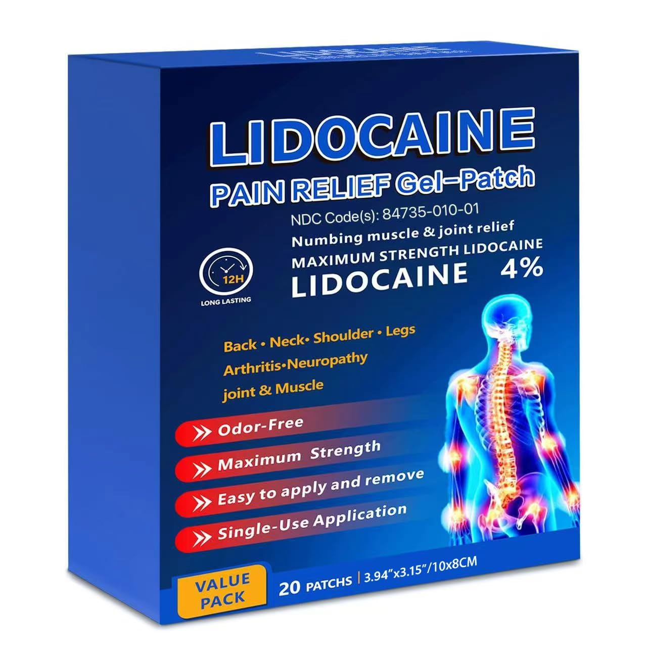 KIbabyDI Professional Lidocaine Pain Relief Patches - 20 Count | 4% Medicated Gel Patches for Targeted Joint & Muscle Comfort | Long-Lasting 12-Hour Relief, Ultra-Flexible Design -lb265 - Maple Wellness Supplements