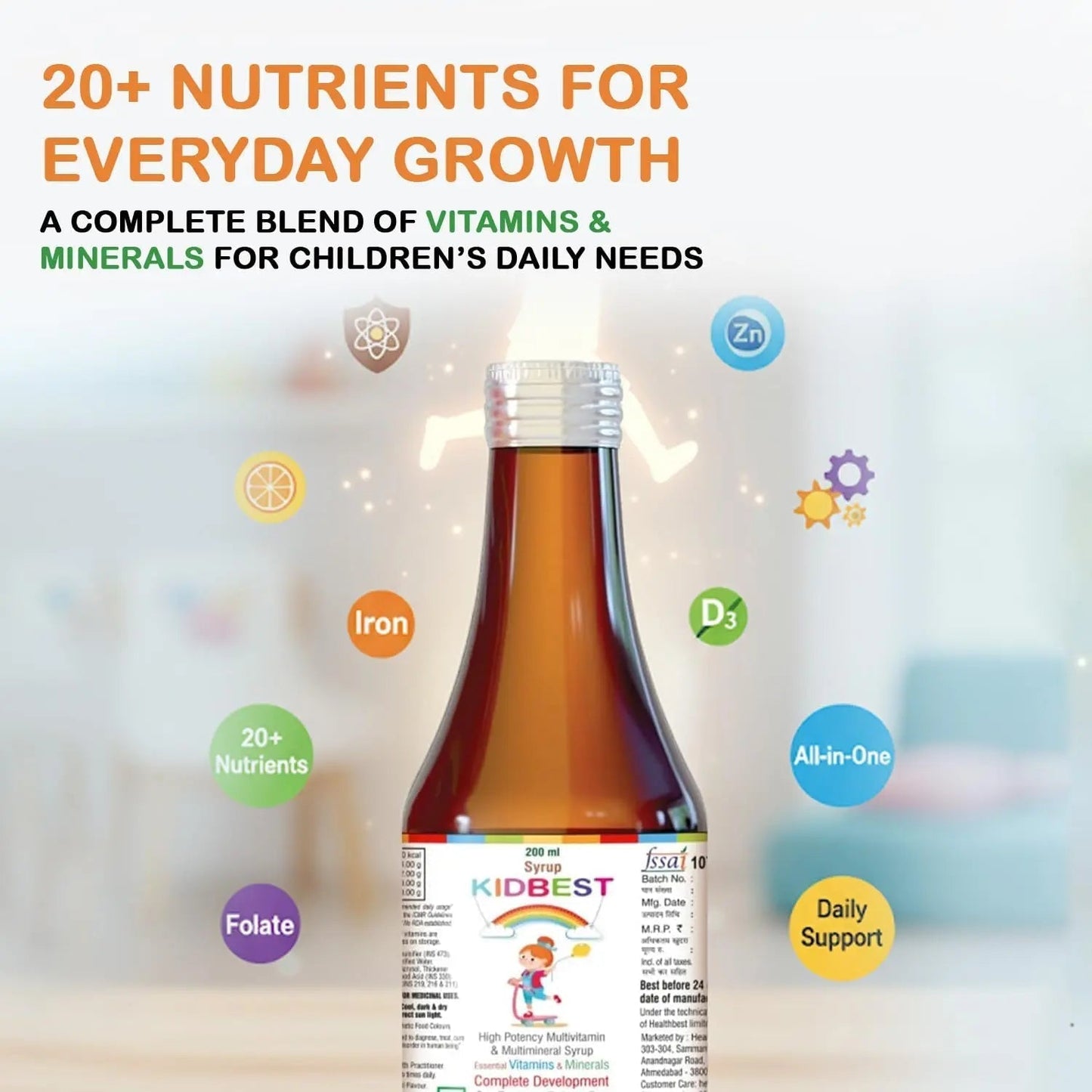 Kidbest Multivitamin Syrup for Kids 3-13 Years – Liquid Formula with 20 Nutrients for Appetite, Immunity, and Growth – Tasty Daily Vitamins - Maple Wellness Supplements