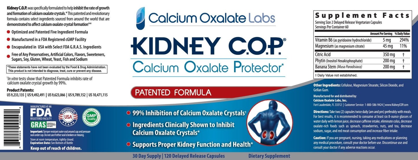 KIDNEY C.O.P. Calcium Oxalate Protector 120 Capsules, Patented Kidney Support for Calcium Oxalate Crystals, Stop Recurrence - Maple Wellness Supplements