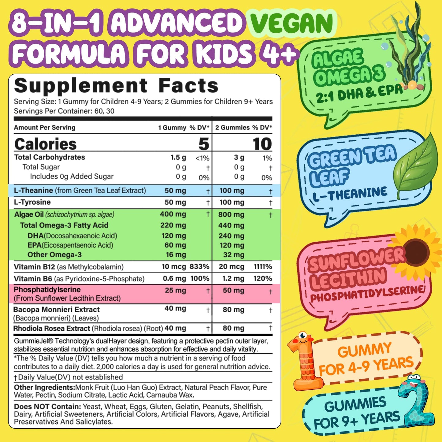 Kids Focus Gummies - Brain Supplements with Vegan Omega 3 DHA, Phosphatidylserine, L-Theanine, L-Tyrosine, Methylated B6 & B12 for Kids & Teen Support Attention, Memory, Nootropic, Sugar Free 60cts - Maple Wellness Supplements