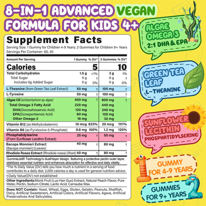 Kids Focus Gummies - Brain Supplements with Vegan Omega 3 DHA, Phosphatidylserine, L-Theanine, L-Tyrosine, Methylated B6 & B12 for Kids & Teen Support Attention, Memory, Nootropic, Sugar Free 60cts - Maple Wellness Supplements