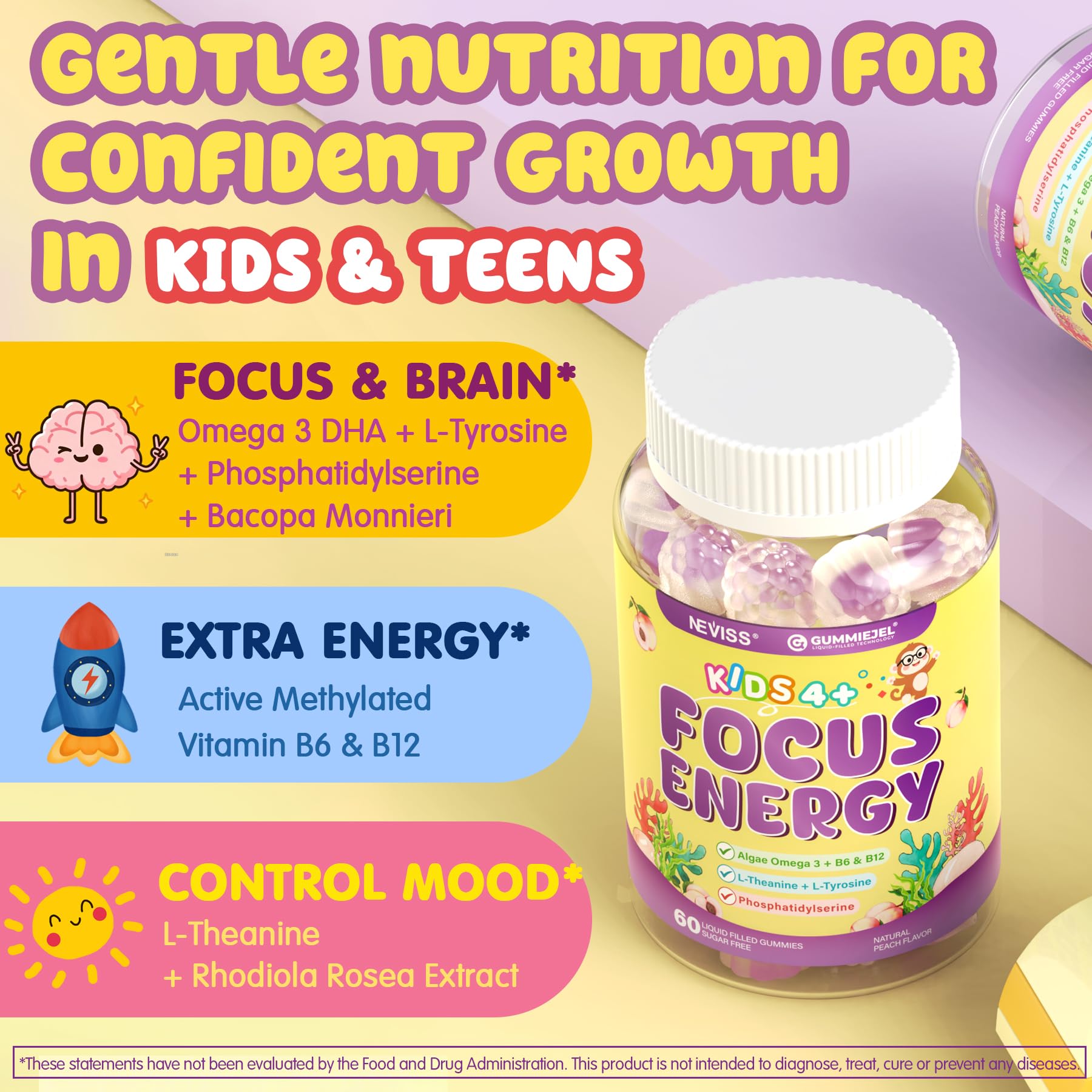 Kids Focus Gummies - Brain Supplements with Vegan Omega 3 DHA, Phosphatidylserine, L-Theanine, L-Tyrosine, Methylated B6 & B12 for Kids & Teen Support Attention, Memory, Nootropic, Sugar Free 60cts - Maple Wellness Supplements