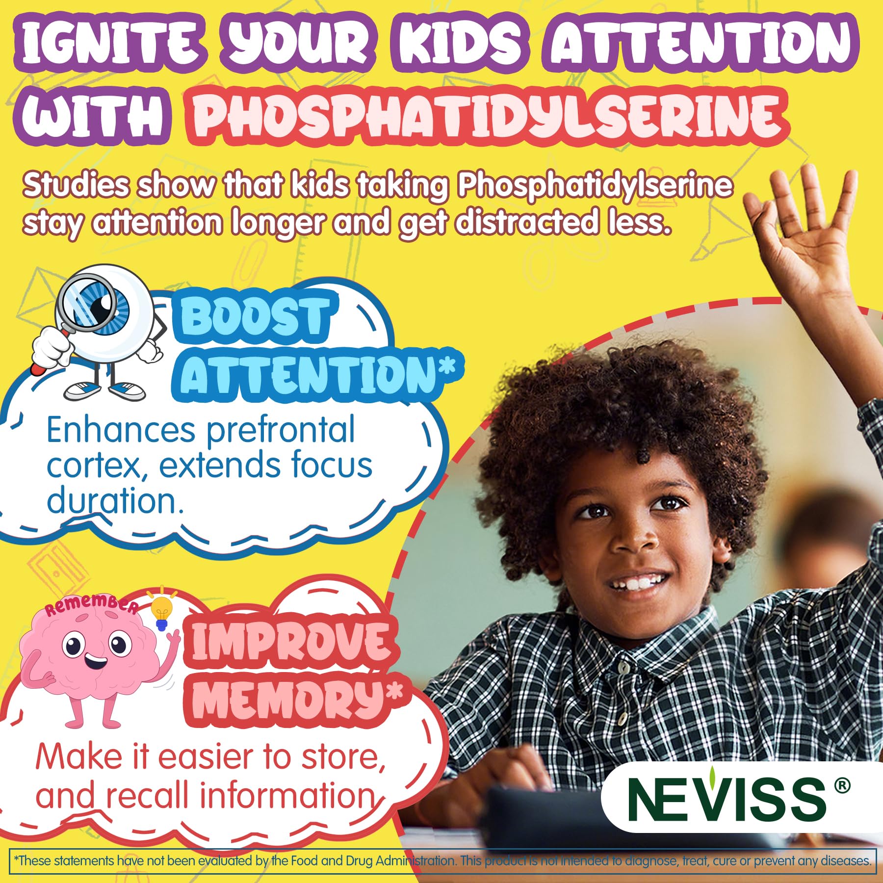 Kids Focus Gummies - Brain Supplements with Vegan Omega 3 DHA, Phosphatidylserine, L-Theanine, L-Tyrosine, Methylated B6 & B12 for Kids & Teen Support Attention, Memory, Nootropic, Sugar Free 60cts - Maple Wellness Supplements