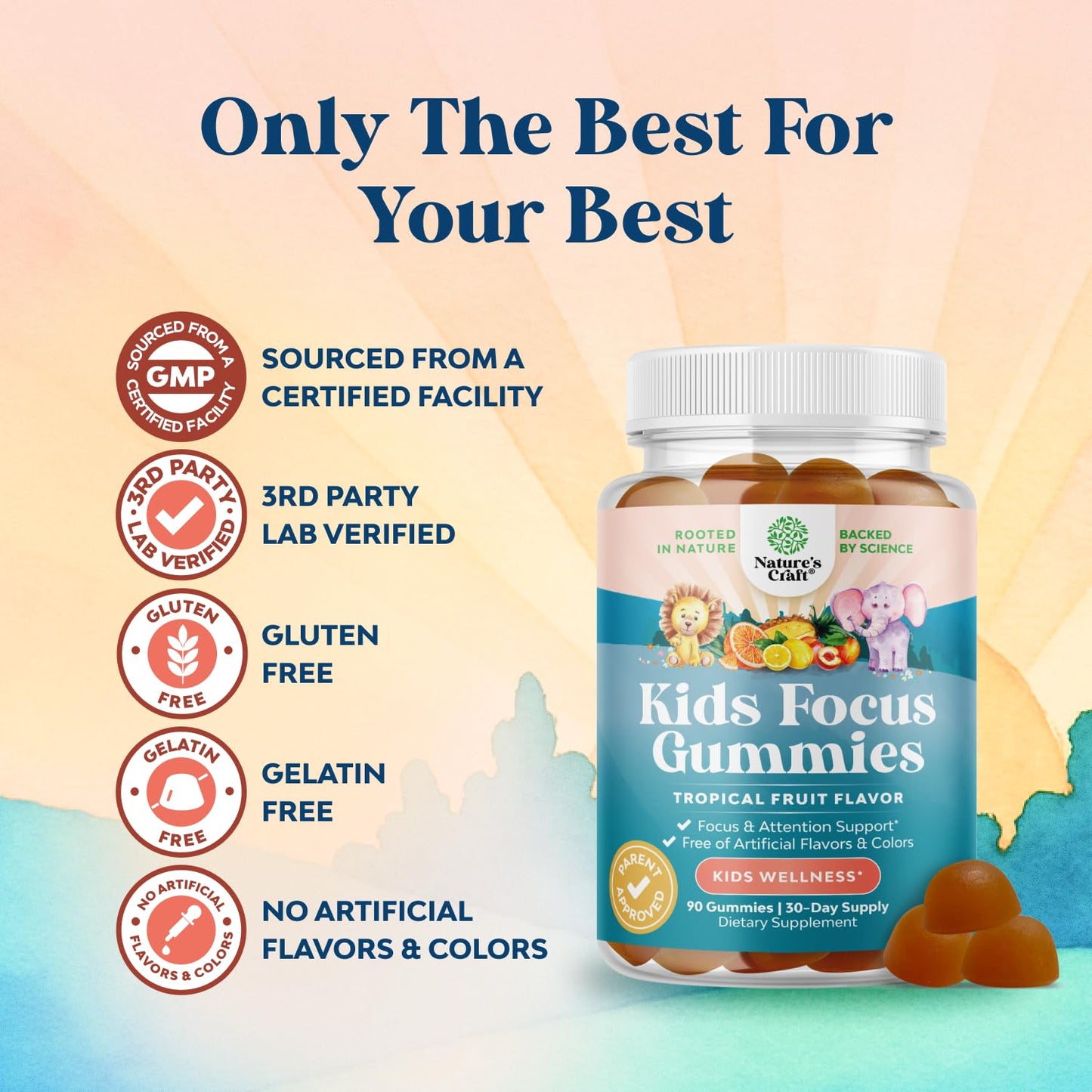 Kids Focus Gummies - Nootropics Brain Support Supplement for Kids with Green Tea Extract, B6 & B12 Vitamins for Memory and Brain Focus - Herbal Concentration Chews for Children - 90 Count - Maple Wellness Supplements