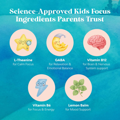 Kids Focus Gummies - Nootropics Brain Support Supplement for Kids with Green Tea Extract, B6 & B12 Vitamins for Memory and Brain Focus - Herbal Concentration Chews for Children - 90 Count - Maple Wellness Supplements
