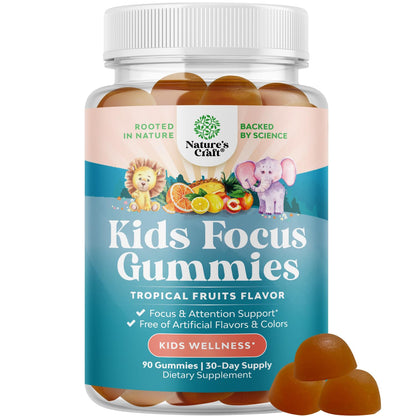 Kids Focus Gummies - Nootropics Brain Support Supplement for Kids with Green Tea Extract, B6 & B12 Vitamins for Memory and Brain Focus - Herbal Concentration Chews for Children - 90 Count - Maple Wellness Supplements