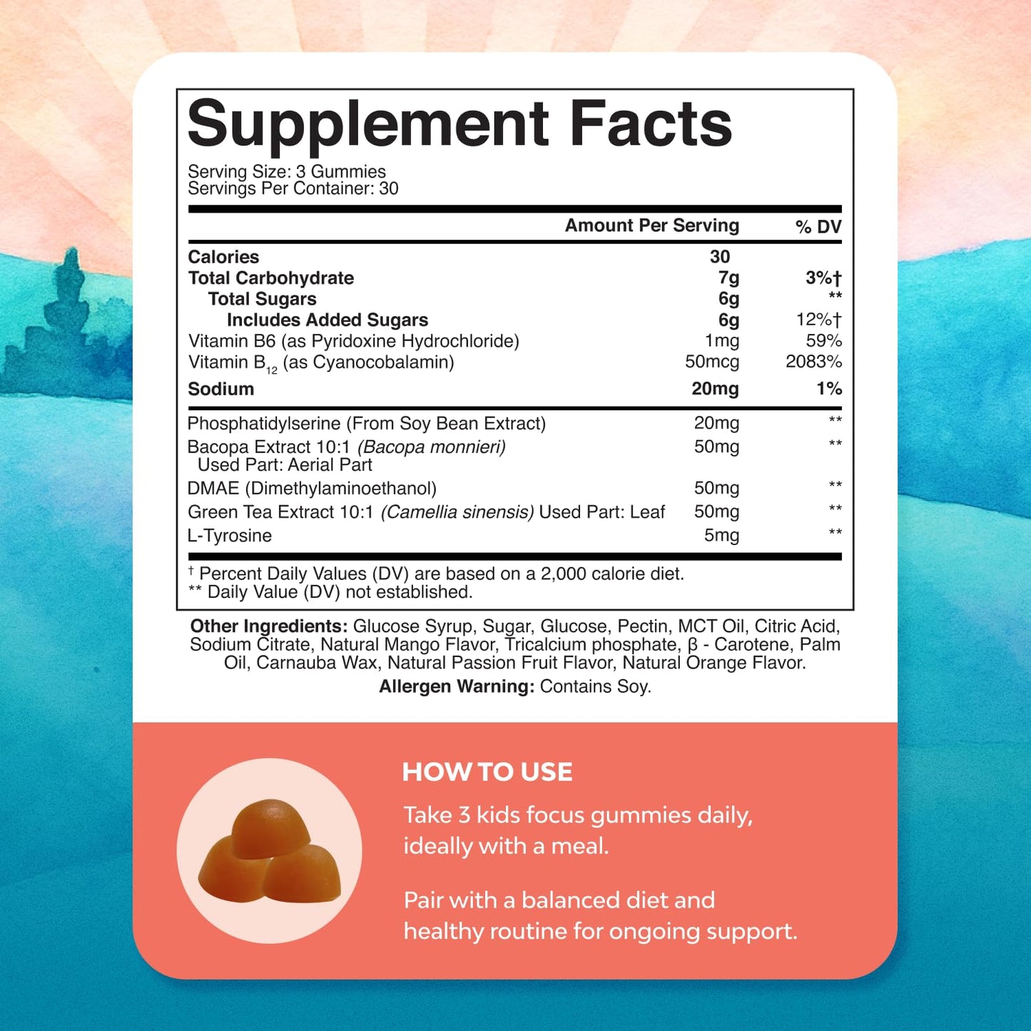 Kids Focus Gummies - Nootropics Brain Support Supplement for Kids with Green Tea Extract, B6 & B12 Vitamins for Memory and Brain Focus - Herbal Concentration Chews for Children - 90 Count - Maple Wellness Supplements
