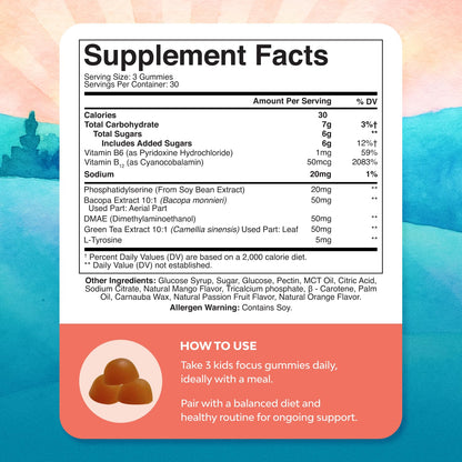 Kids Focus Gummies - Nootropics Brain Support Supplement for Kids with Green Tea Extract, B6 & B12 Vitamins for Memory and Brain Focus - Herbal Concentration Chews for Children - 90 Count - Maple Wellness Supplements