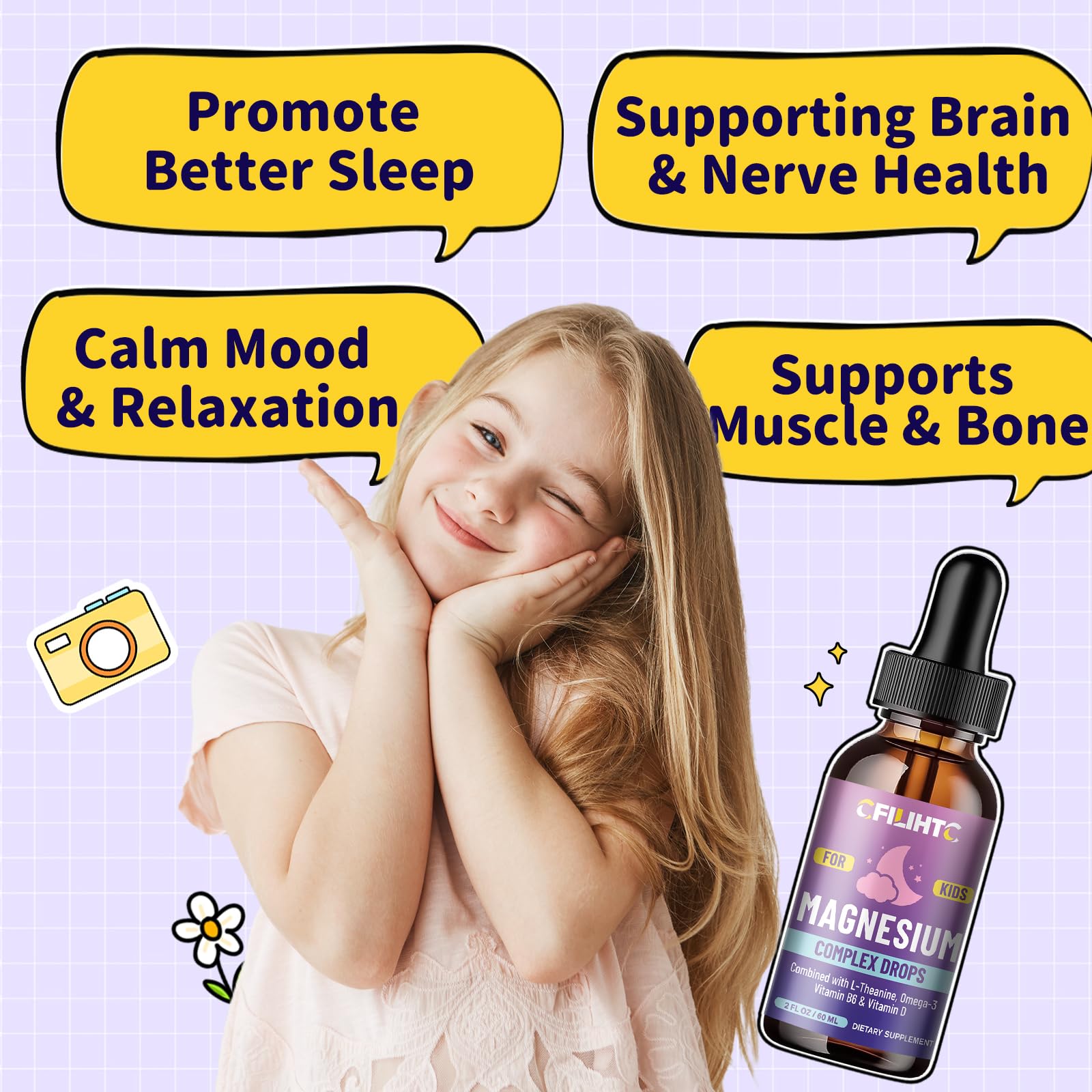 Kids Magnesium Liquid Drops-Magnesium Glycinate Liquid for Kids Supplement-w/L-theanine, Omega-3, Vitamin B6, D3 - for Sleep, Relaxation, Brain, Bones - Maple Wellness Supplements
