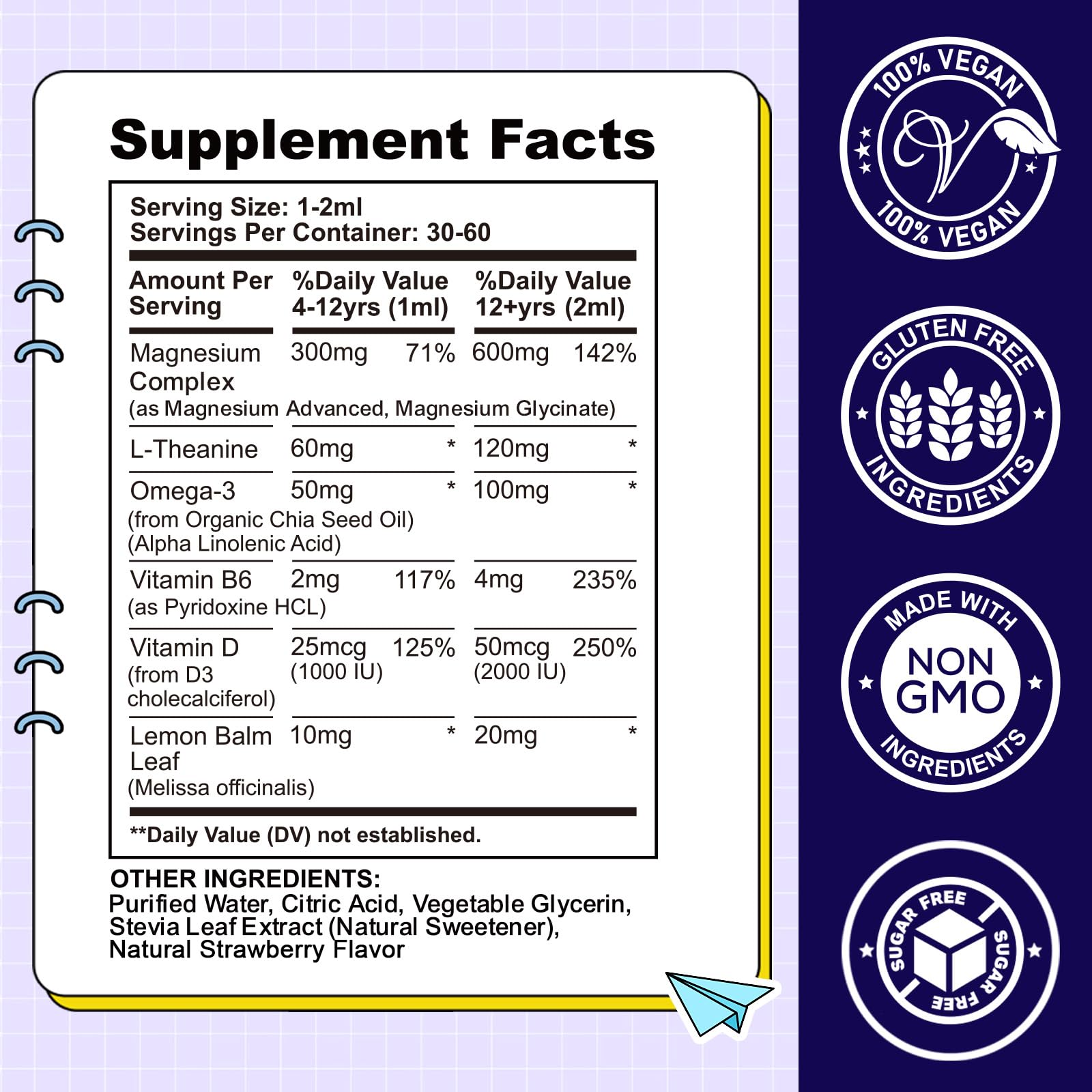 Kids Magnesium Liquid Drops-Magnesium Glycinate Liquid for Kids Supplement-w/L-theanine, Omega-3, Vitamin B6, D3 - for Sleep, Relaxation, Brain, Bones - Maple Wellness Supplements