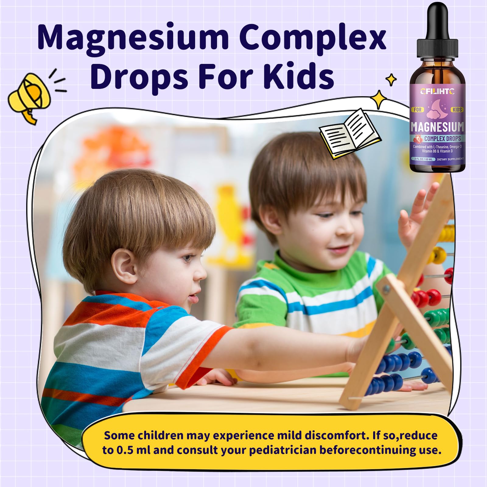 Kids Magnesium Liquid Drops-Magnesium Glycinate Liquid for Kids Supplement-w/L-theanine, Omega-3, Vitamin B6, D3 - for Sleep, Relaxation, Brain, Bones - Maple Wellness Supplements