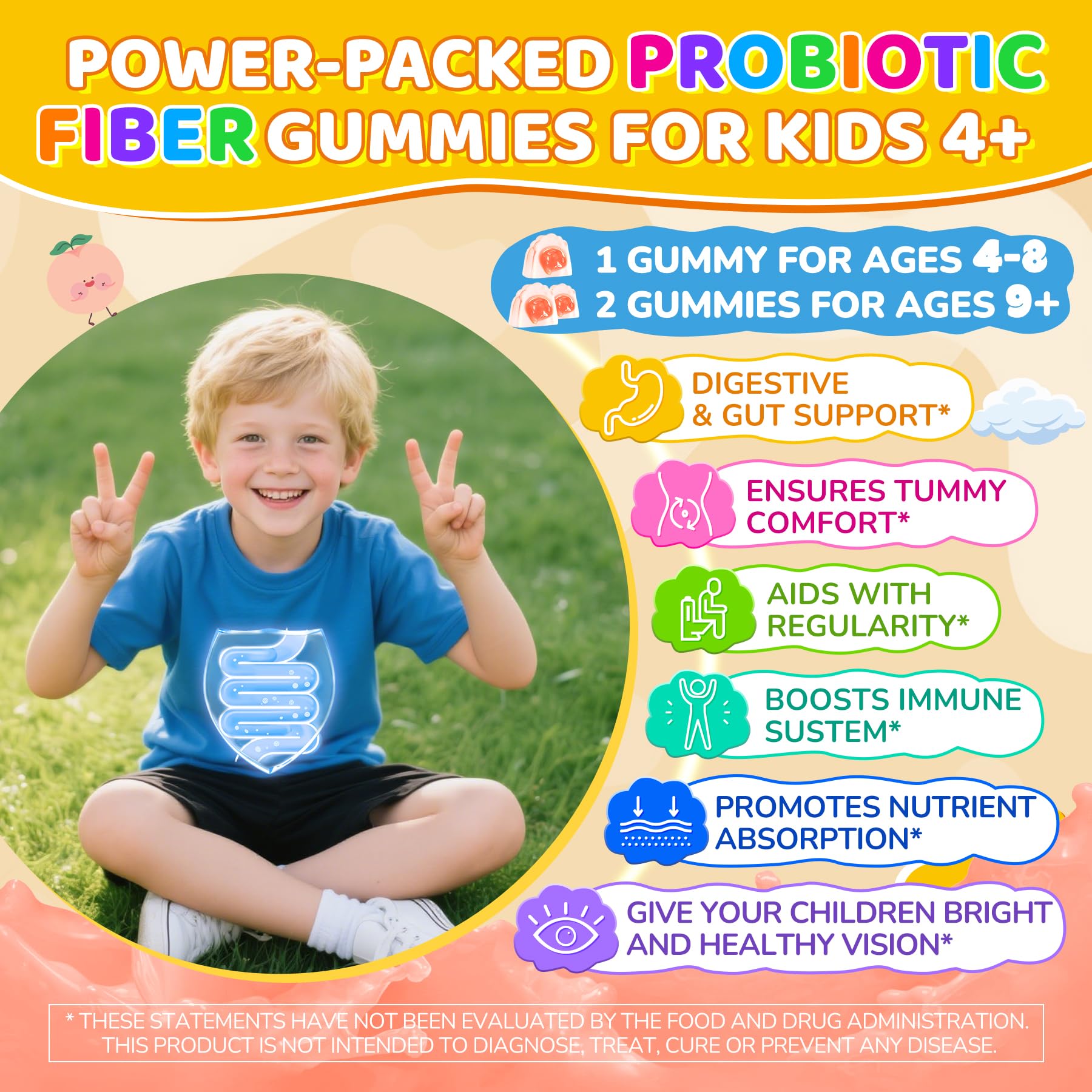 Kids Probiotic + Prebiotic Fiber Gummies 5G, 12 Billion CFU Probiotic & Veggie Fruit Fiber, w/ Organic Inulin, Methyl B12 B6 D3 C, Lutein for Children's Digestive & Gut, - Maple Wellness Supplements
