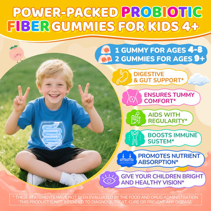 Kids Probiotic + Prebiotic Fiber Gummies 5G, 12 Billion CFU Probiotic & Veggie Fruit Fiber, w/ Organic Inulin, Methyl B12 B6 D3 C, Lutein for Children's Digestive & Gut, - Maple Wellness Supplements