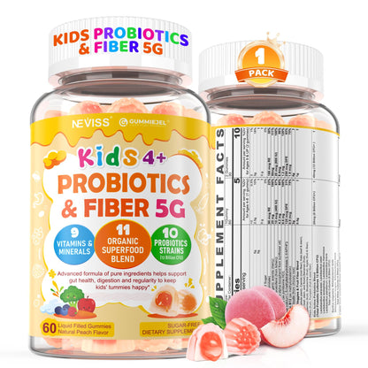 Kids Probiotic + Prebiotic Fiber Gummies 5G, 12 Billion CFU Probiotic & Veggie Fruit Fiber, w/ Organic Inulin, Methyl B12 B6 D3 C, Lutein for Children's Digestive & Gut, - Maple Wellness Supplements