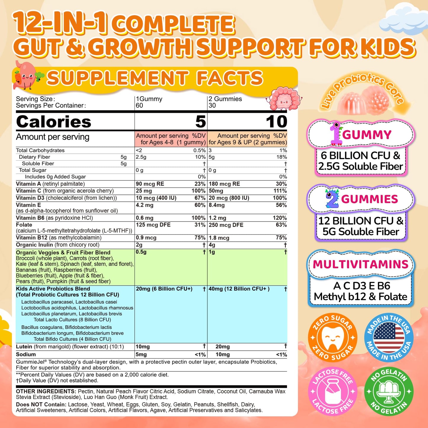 Kids Probiotic + Prebiotic Fiber Gummies 5G, 12 Billion CFU Probiotic & Veggie Fruit Fiber, w/ Organic Inulin, Methyl B12 B6 D3 C, Lutein for Children's Digestive & Gut, - Maple Wellness Supplements