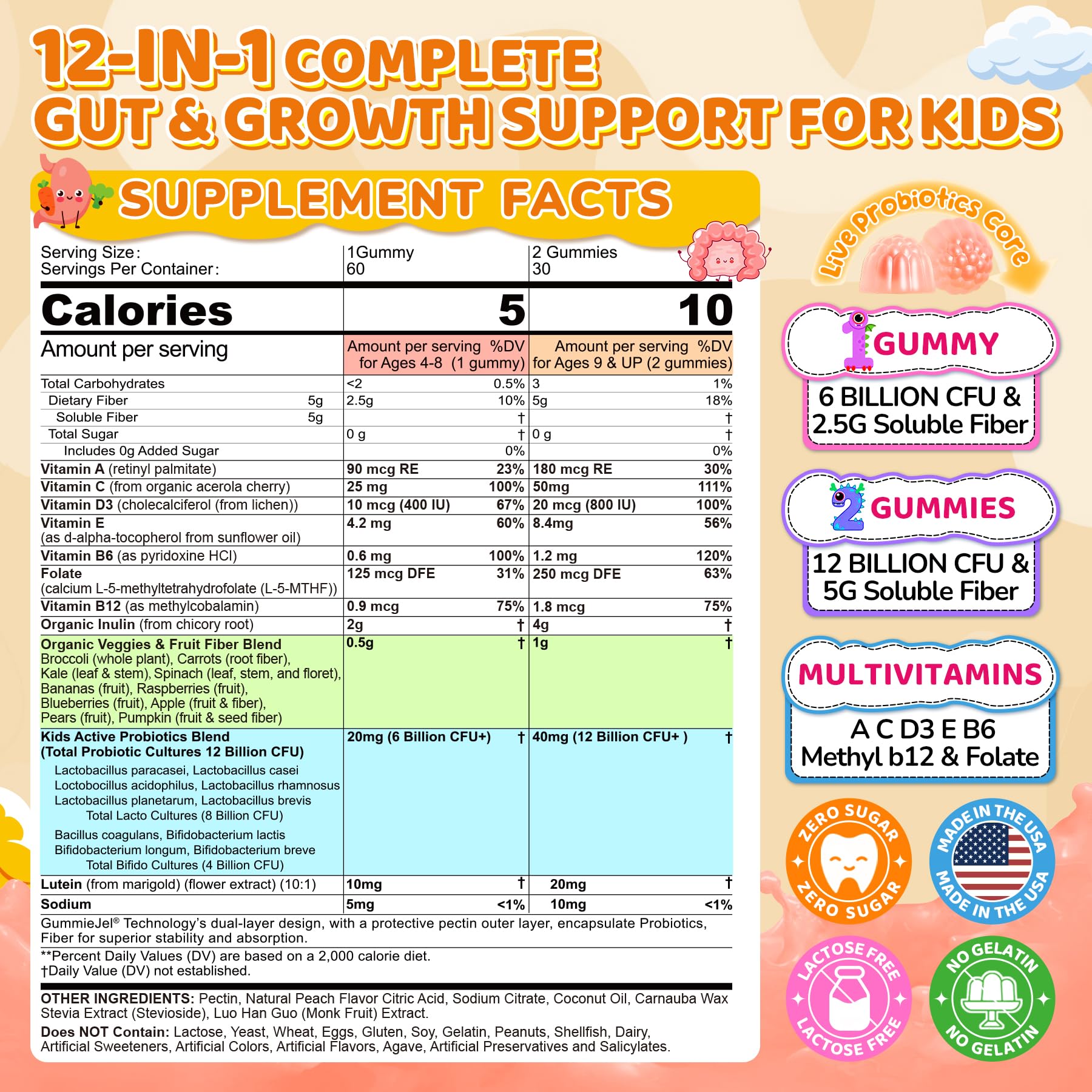 Kids Probiotic + Prebiotic Fiber Gummies 5G, 12 Billion CFU Probiotic & Veggie Fruit Fiber, w/ Organic Inulin, Methyl B12 B6 D3 C, Lutein for Children's Digestive & Gut, - Maple Wellness Supplements