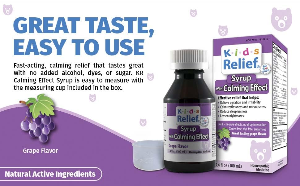 Kids Relief Syrup with Calming Effect, for Kids 0-12 Yrs, Grape Flavor, Gluten and Dye Free, No Added Sugar, 3.4 oz - Maple Wellness Supplements