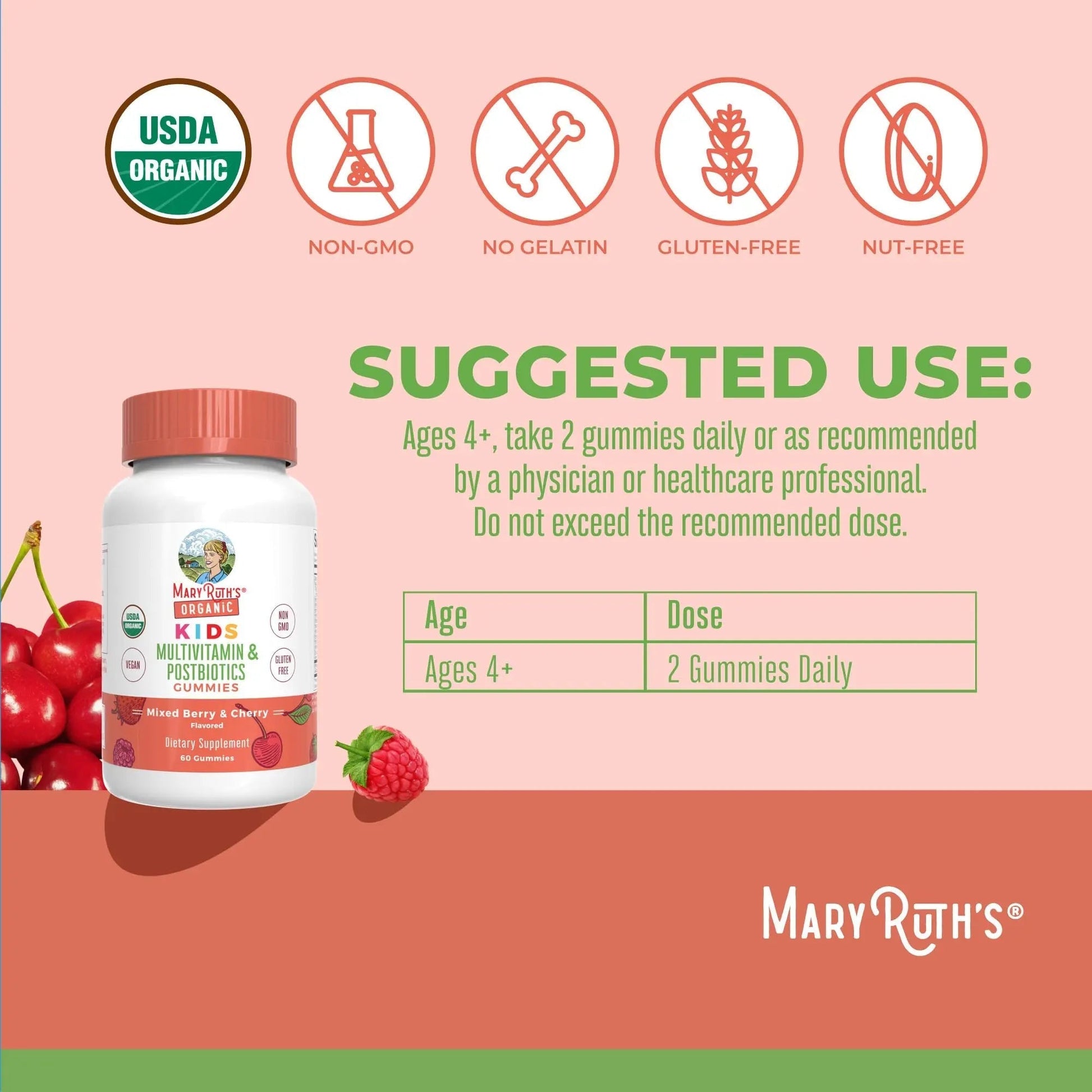 Kids Vitamins by MaryRuth's | USDA Organic | Multivitamin Gummies + Postbiotics for Ages 4+ | Multivitamin for Kids with Lactobacillus Rhamnosus | Children’s Vitamins | Vegan | Non-GMO | 60 Count - Maple Wellness Supplements