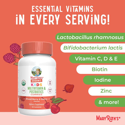 Kids Vitamins by MaryRuth's | USDA Organic | Multivitamin Gummies + Postbiotics for Ages 4+ | Multivitamin for Kids with Lactobacillus Rhamnosus | Children’s Vitamins | Vegan | Non-GMO | 60 Count - Maple Wellness Supplements