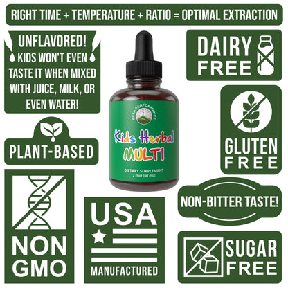 Kids Vitamins from Herbs. Liquid Kids Herbal Multivitamin. No Bitter Taste. Sugar Free 14-in-1 Vegan Supplement Drops for Toddlers, Children, Teens. Mixed in Water They Won't Even Taste It - Maple Wellness Supplements