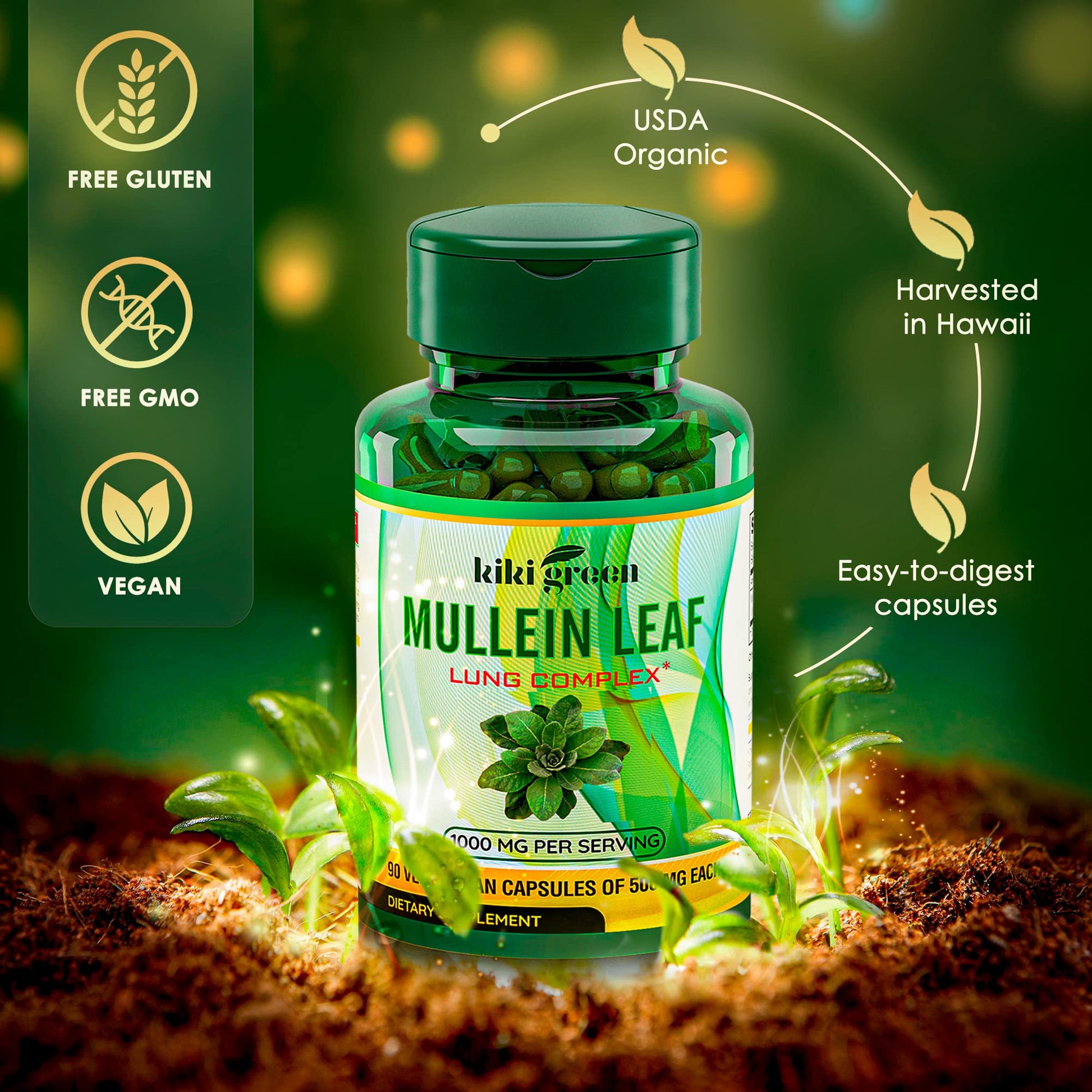 KIKI Green Mullein Leaf Extract Capsules - Herbal Respiratory Supplement - for Lung Cleans - Maple Wellness Supplements