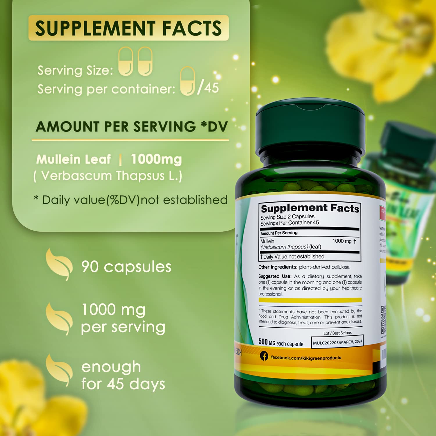 KIKI Green Mullein Leaf Extract Capsules - Herbal Respiratory Supplement - for Lung Cleans - Maple Wellness Supplements