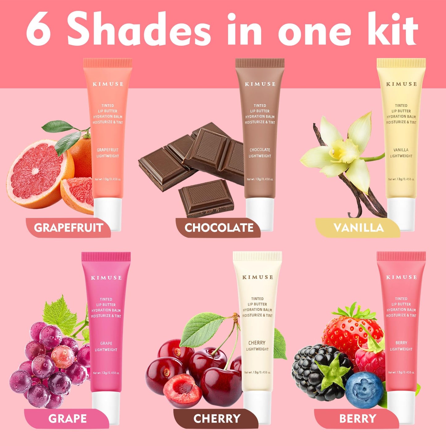 KIMUSE 6 Pcs Tinted Lip Butter Hydration Balm Set, 6 Flavored Shades Hydrating Plumping Gloss with Hyaluronic Acid & Vitamin E, Sheer Tint, Non-Sticky | Vegan Lip Care Makeup for Dry Lips & Daily - Maple Wellness Supplements