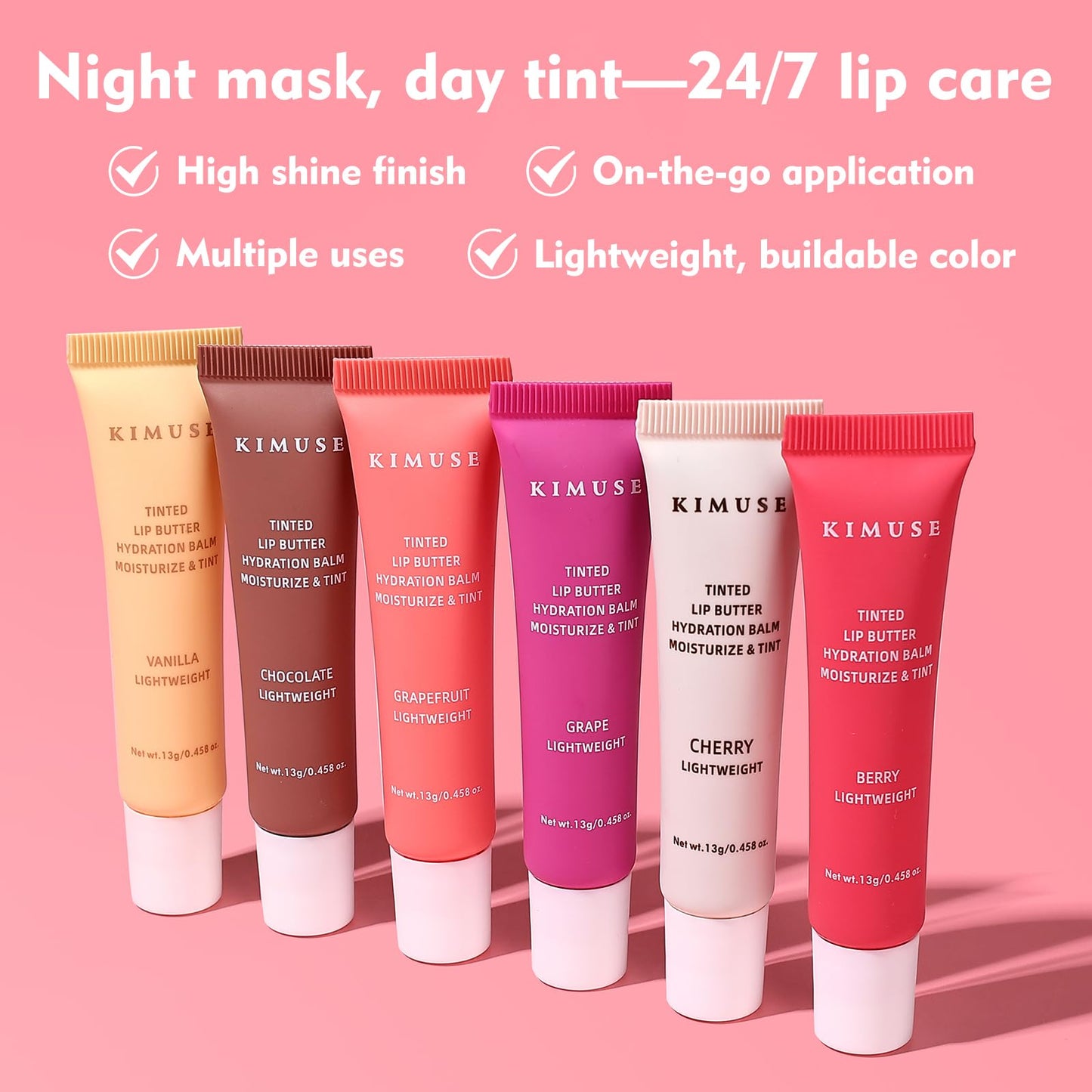 KIMUSE 6 Pcs Tinted Lip Butter Hydration Balm Set, 6 Flavored Shades Hydrating Plumping Gloss with Hyaluronic Acid & Vitamin E, Sheer Tint, Non-Sticky | Vegan Lip Care Makeup for Dry Lips & Daily - Maple Wellness Supplements