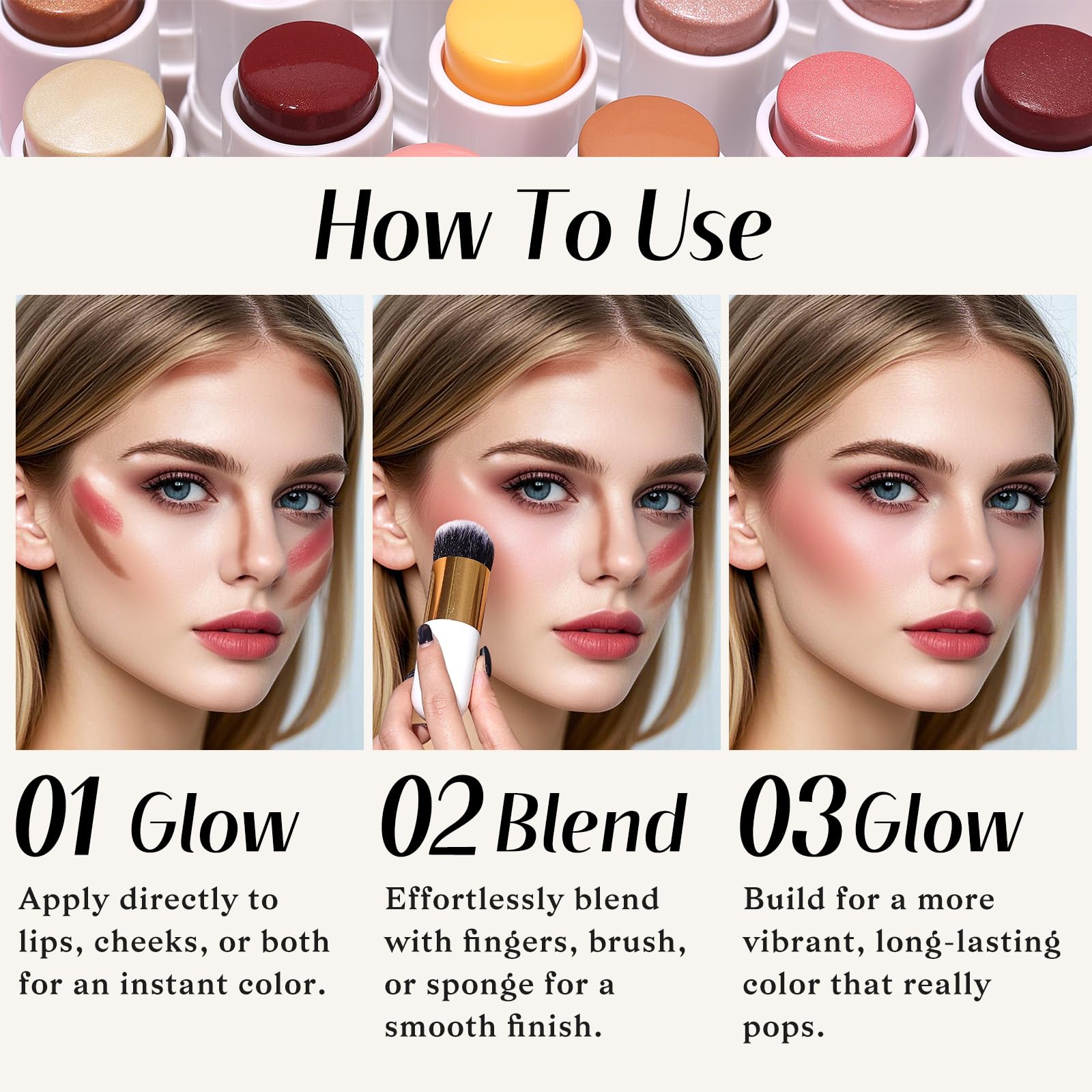 KIMUSE Face Sticks Trio, Cream Blush Stick & Highlighter Stick & Contour Stick for Sculpt the Cheeks, Long Lasting Cream Contour Stick Trio for Face Makeup, with Brush - Maple Wellness Supplements