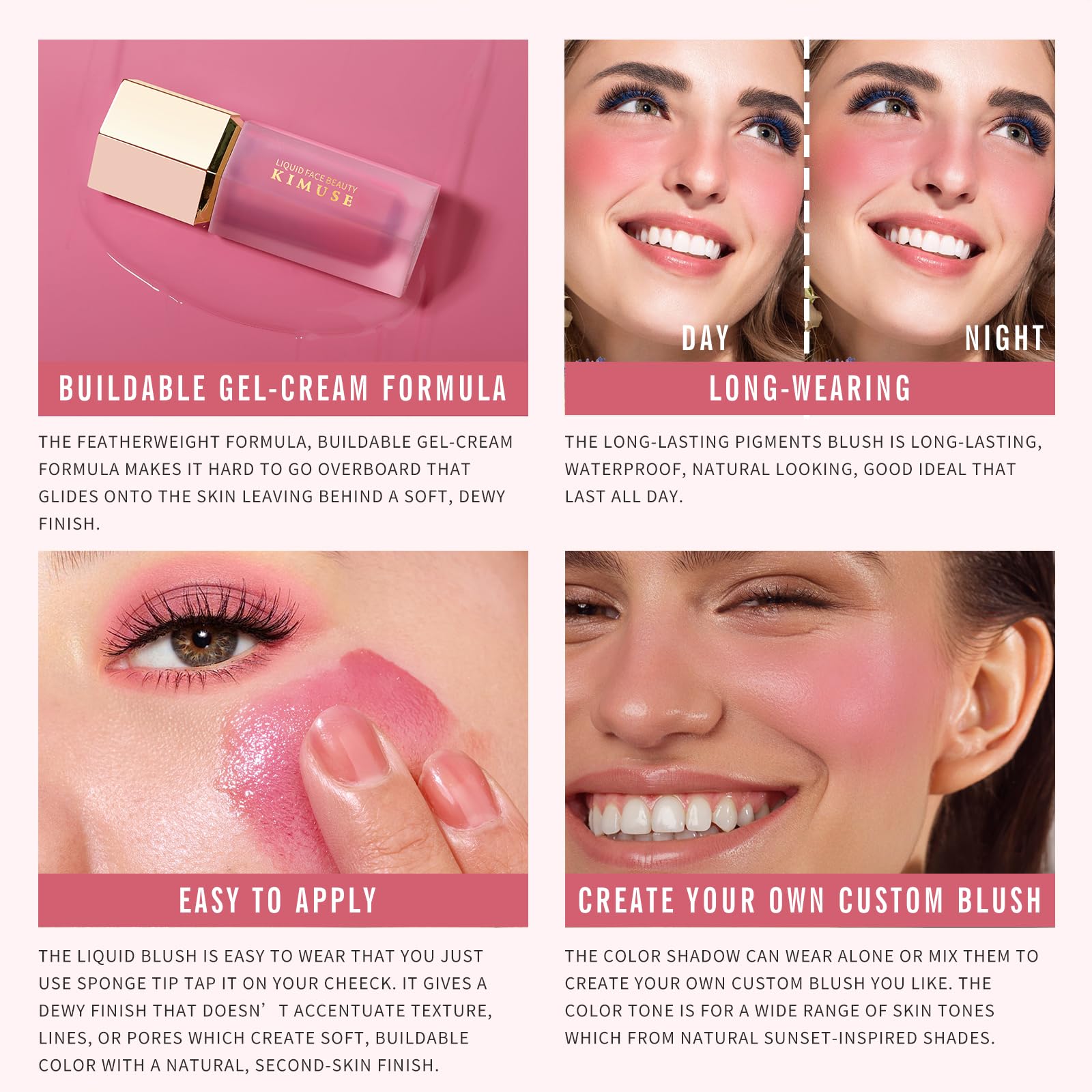 KIMUSE Liquid Blush, Long-Wearing Pigmented Soft Cream Face Blush, Waterproof, Smudge Proof, Dewy Finish - Maple Wellness Supplements