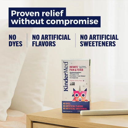 KinderMed Infants' Pain & Fever Medicine, No Dyes, No Artificial Flavors, No Artificial Sweeteners, Vegan, Non-GMO, Gluten Free, Organic Cherry Flavor, Two Pack, 2 x 2 fl. oz - Maple Wellness Supplements