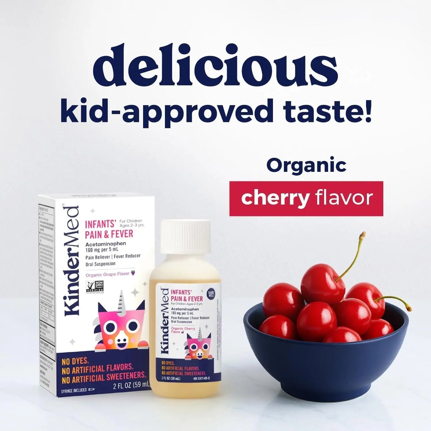 KinderMed Infants' Pain & Fever Medicine, No Dyes, No Artificial Flavors, No Artificial Sweeteners, Vegan, Non-GMO, Gluten Free, Organic Cherry Flavor, Two Pack, 2 x 2 fl. oz - Maple Wellness Supplements