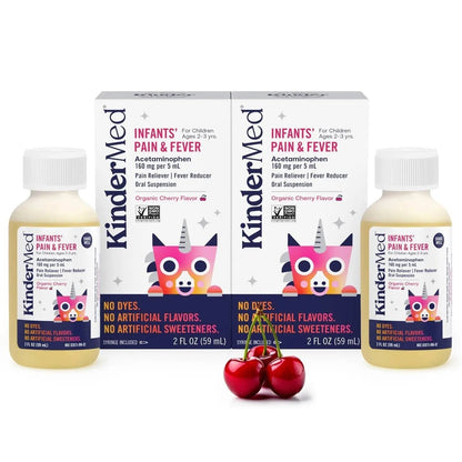 KinderMed Infants' Pain & Fever Medicine, No Dyes, No Artificial Flavors, No Artificial Sweeteners, Vegan, Non-GMO, Gluten Free, Organic Cherry Flavor, Two Pack, 2 x 2 fl. oz - Maple Wellness Supplements