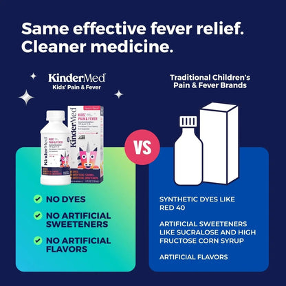 KinderMed Kids' Pain & Fever Medicine, for Ages 2-11 Years, No Dyes, No Artificial Flavors, No Artificial Sweeteners, Vegan, Non-GMO, Gluten Free, Organic Cherry Flavor, Two Pack, 2 x 4 fl. oz - Maple Wellness Supplements