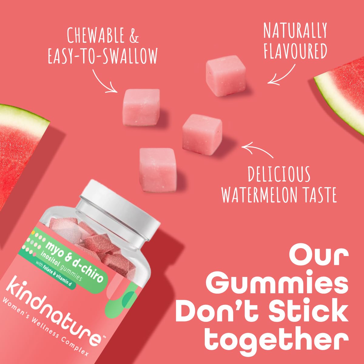kindnature Myo-Inositol & D-Chiro Inositol Gummies for Women – 2000mg + 50mg, Ideal 40:1 Ratio – with Vitamin D & Folate – Hormone Balance Support – Vegan, Watermelon Flavor (120 Gummies) - Maple Wellness Supplements