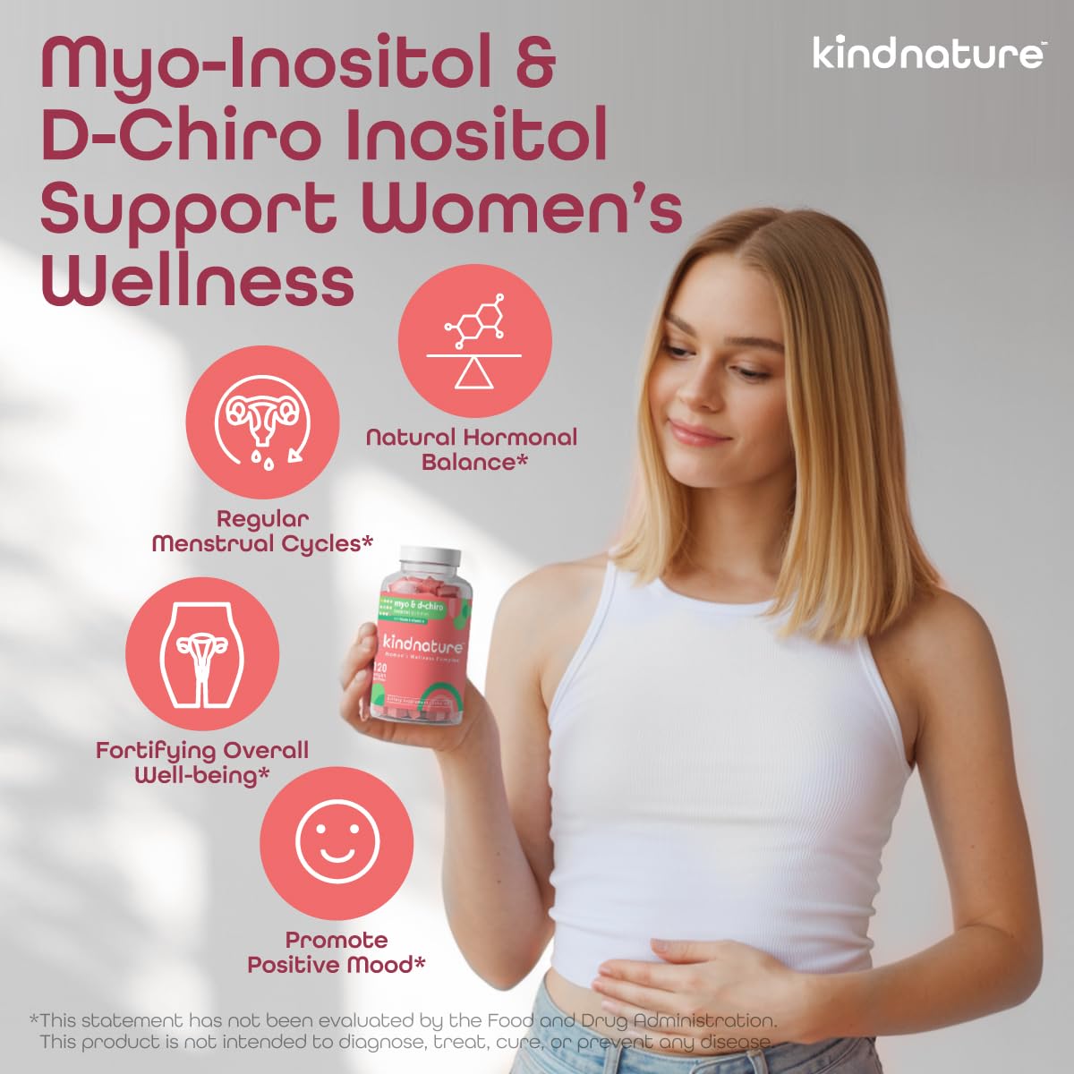 kindnature Myo-Inositol & D-Chiro Inositol Gummies for Women – 2000mg + 50mg, Ideal 40:1 Ratio – with Vitamin D & Folate – Hormone Balance Support – Vegan, Watermelon Flavor (120 Gummies) - Maple Wellness Supplements