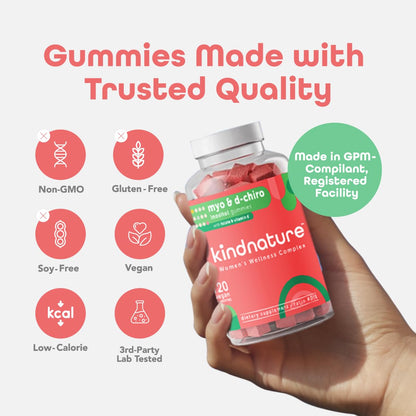 kindnature Myo-Inositol & D-Chiro Inositol Gummies for Women – 2000mg + 50mg, Ideal 40:1 Ratio – with Vitamin D & Folate – Hormone Balance Support – Vegan, Watermelon Flavor (120 Gummies) - Maple Wellness Supplements