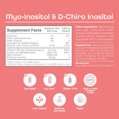 kindnature Myo-Inositol & D-Chiro Inositol Gummies for Women – 2000mg + 50mg, Ideal 40:1 Ratio – with Vitamin D & Folate – Hormone Balance Support – Vegan, Watermelon Flavor (120 Gummies) - Maple Wellness Supplements