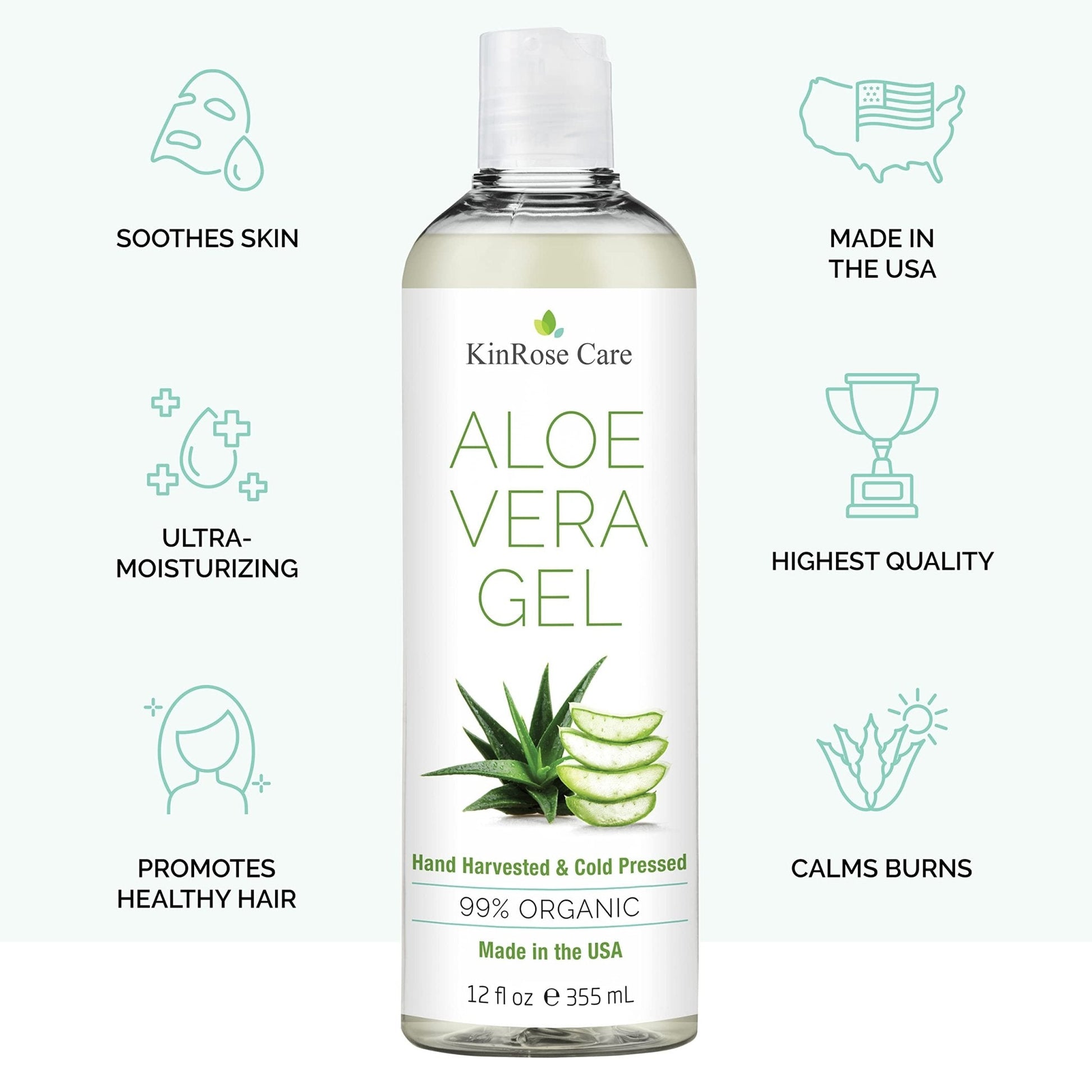 KinRose Care, 12oz Organic Aloe Vera Gel for Face, Skin, Hair & Sunburn Relief - From 100 Percent Pure Aloe Vera - Maple Wellness Supplements