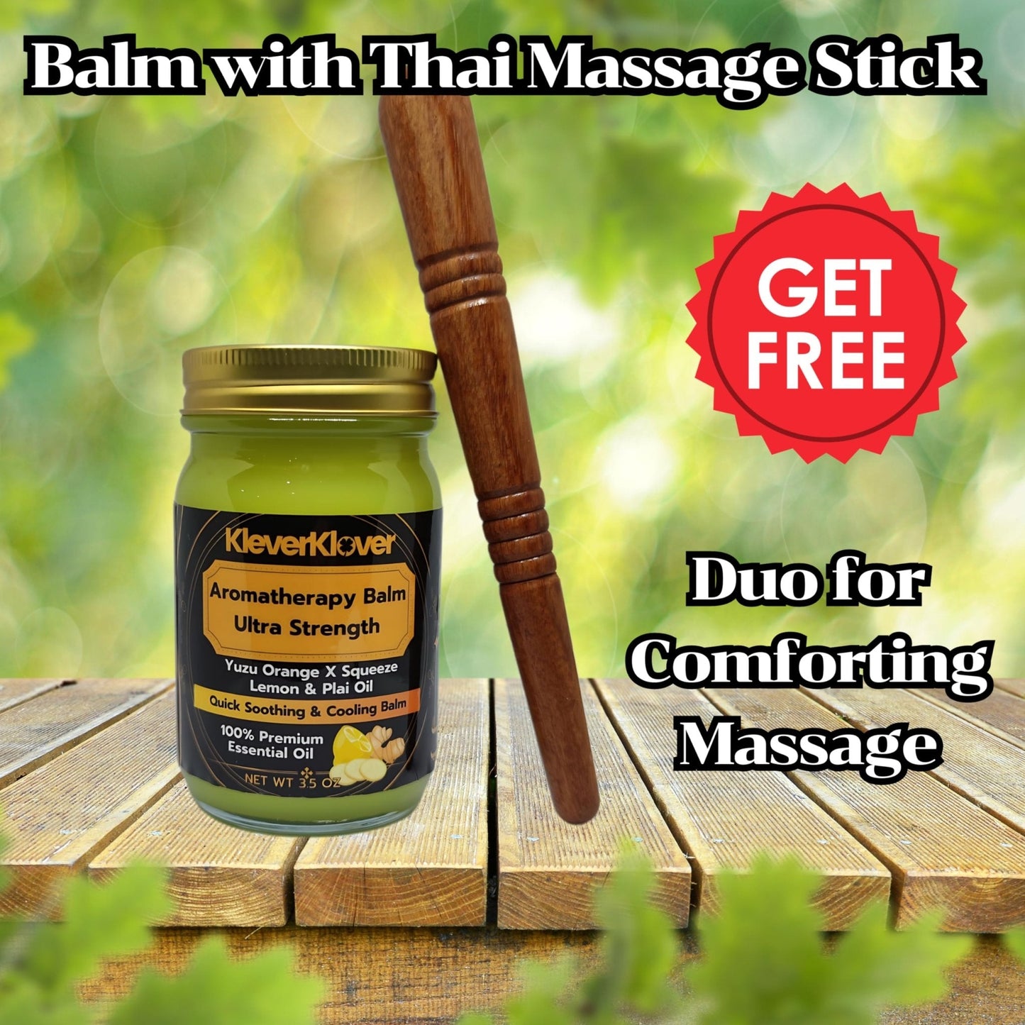 KleverKlover Back and Neck Aromatherapy Balm Ultra Strength for Healing Sore Muscle & Joint After Workout or Yoga - Plai Oil - Preservative Free- Citrus Scent + Free Massage Reflexology Wooden Stick - Maple Wellness Supplements