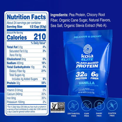 Koia Plant Based Protein Elite Powder, Vanilla, 32g Protein, 4g Sugar, 6g Prebiotic Fiber, Pre & Post Workout, 21 Vitamins & Minerals, Dairy-Free, Gluten-Free, Non-GMO, 24 Servings, 44.8 Oz - Maple Wellness Supplements