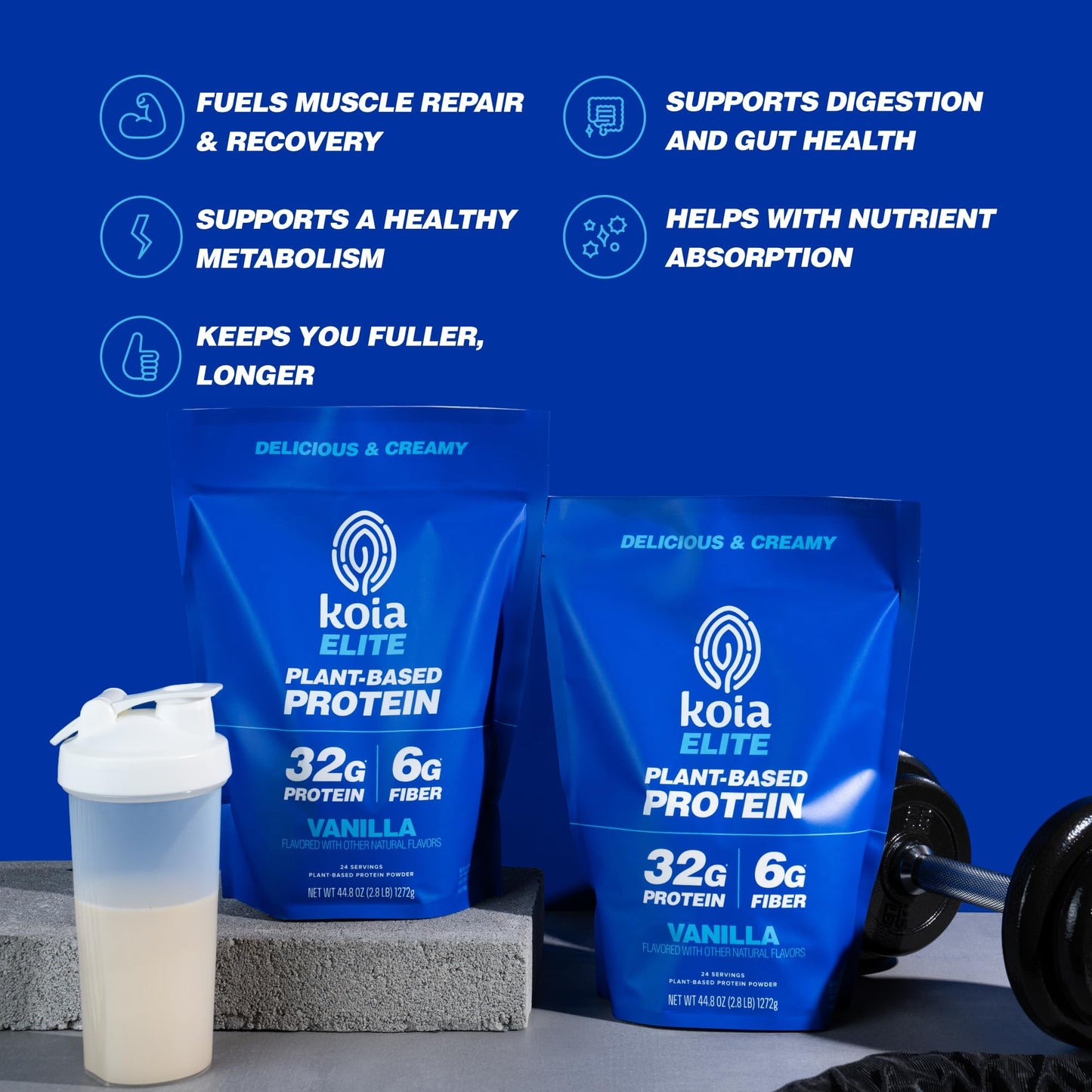 Koia Plant Based Protein Elite Powder, Vanilla, 32g Protein, 4g Sugar, 6g Prebiotic Fiber, Pre & Post Workout, 21 Vitamins & Minerals, Dairy-Free, Gluten-Free, Non-GMO, 24 Servings, 44.8 Oz - Maple Wellness Supplements