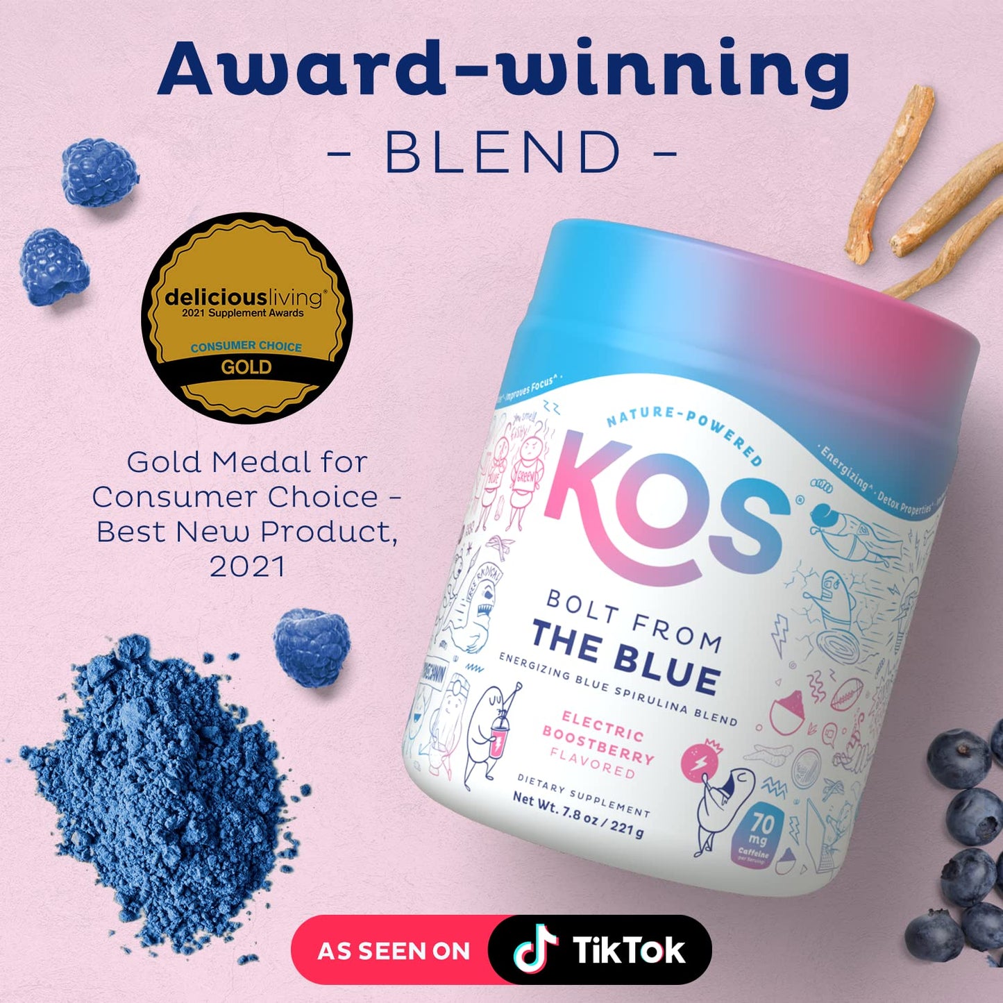 KOS Energizing Blue Spirulina Blend - USDA Certified Organic - B Vitamins, Ashwagandha, Ginseng, Adaptogens, Biotin - Vegan Pre Workout Powder - Caffeinated, Berry Flavored, 28 Servings - Maple Wellness Supplements