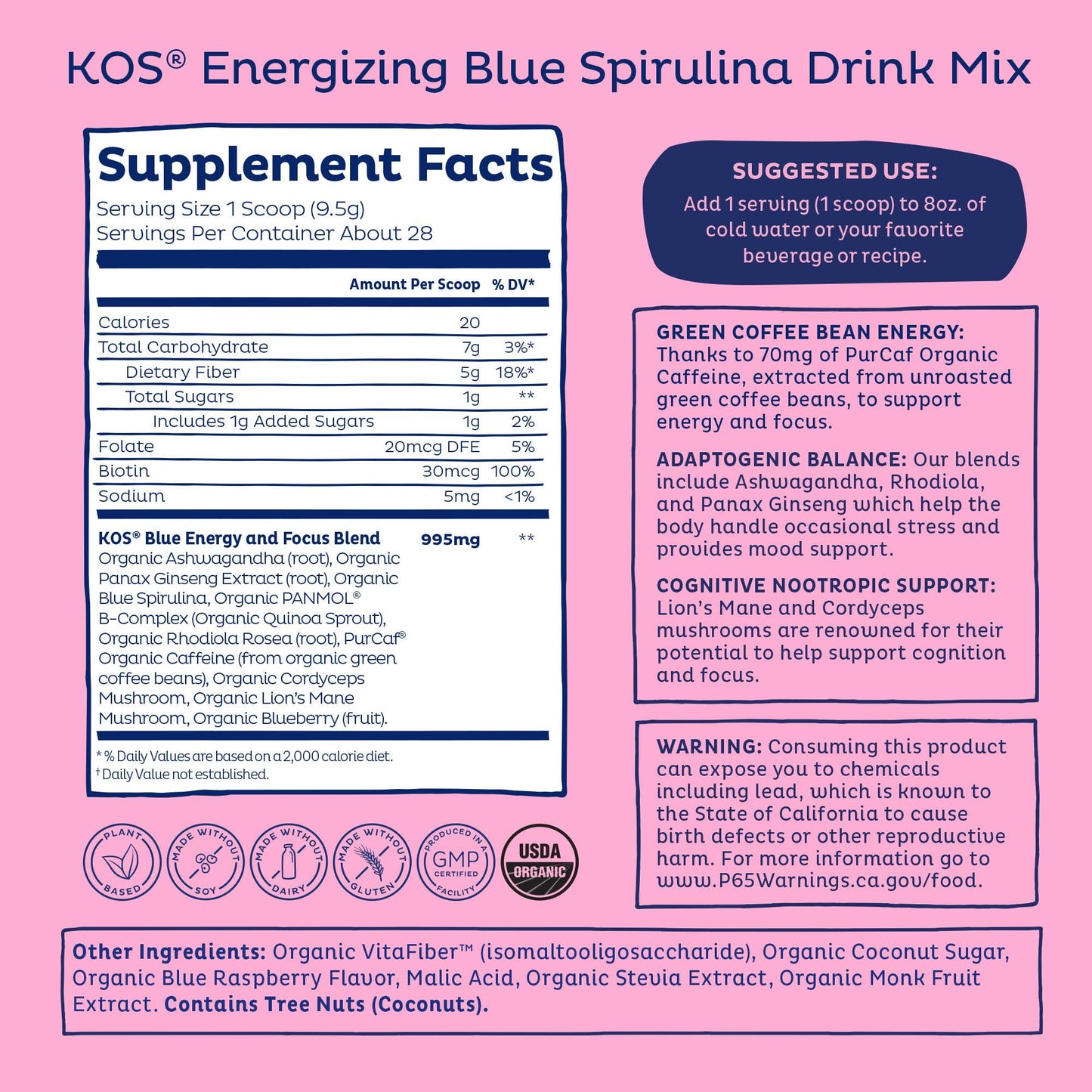 KOS Energizing Blue Spirulina Blend - USDA Certified Organic - B Vitamins, Ashwagandha, Ginseng, Adaptogens, Biotin - Vegan Pre Workout Powder - Caffeinated, Berry Flavored, 28 Servings - Maple Wellness Supplements