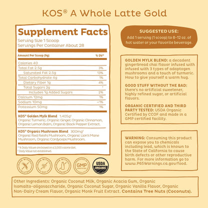 KOS Golden Mylk with Tumeric and Ginger, Organic Superfood Latte Powder, Adaptogen Mushroom Blend - Coffee Creamer, Dessert & Smoothie - Caffeine Free, Vegan, Dairy-Free, Gingerbread Chai, 28 Servings - Maple Wellness Supplements
