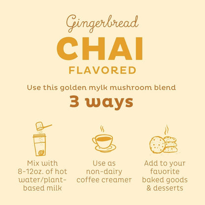 KOS Golden Mylk with Tumeric and Ginger, Organic Superfood Latte Powder, Adaptogen Mushroom Blend - Coffee Creamer, Dessert & Smoothie - Caffeine Free, Vegan, Dairy-Free, Gingerbread Chai, 28 Servings - Maple Wellness Supplements