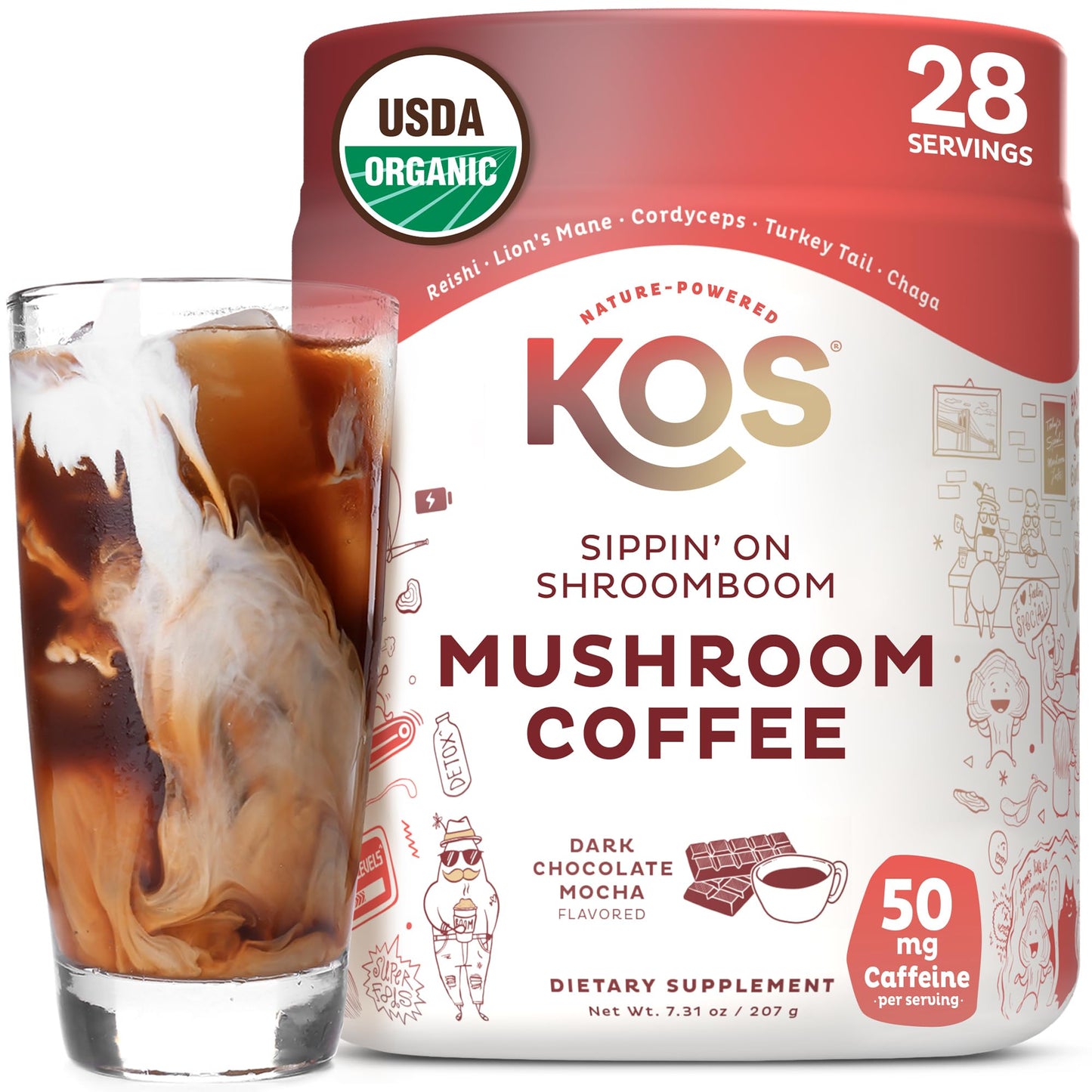 KOS Mushroom Coffee - USDA Certified Organic - Dark Chocolate Mocha Flavor - Mushroom Coffee Latte Powder with Reishi, Cordyceps, Lion's Mane, Chaga & Turkey Tail Mushrooms - Maple Wellness Supplements